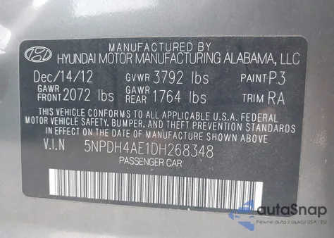 2013 Hyundai Elantra Gls z USA, uszkodzony, nr VIN 5NPDH4AE1DH268348